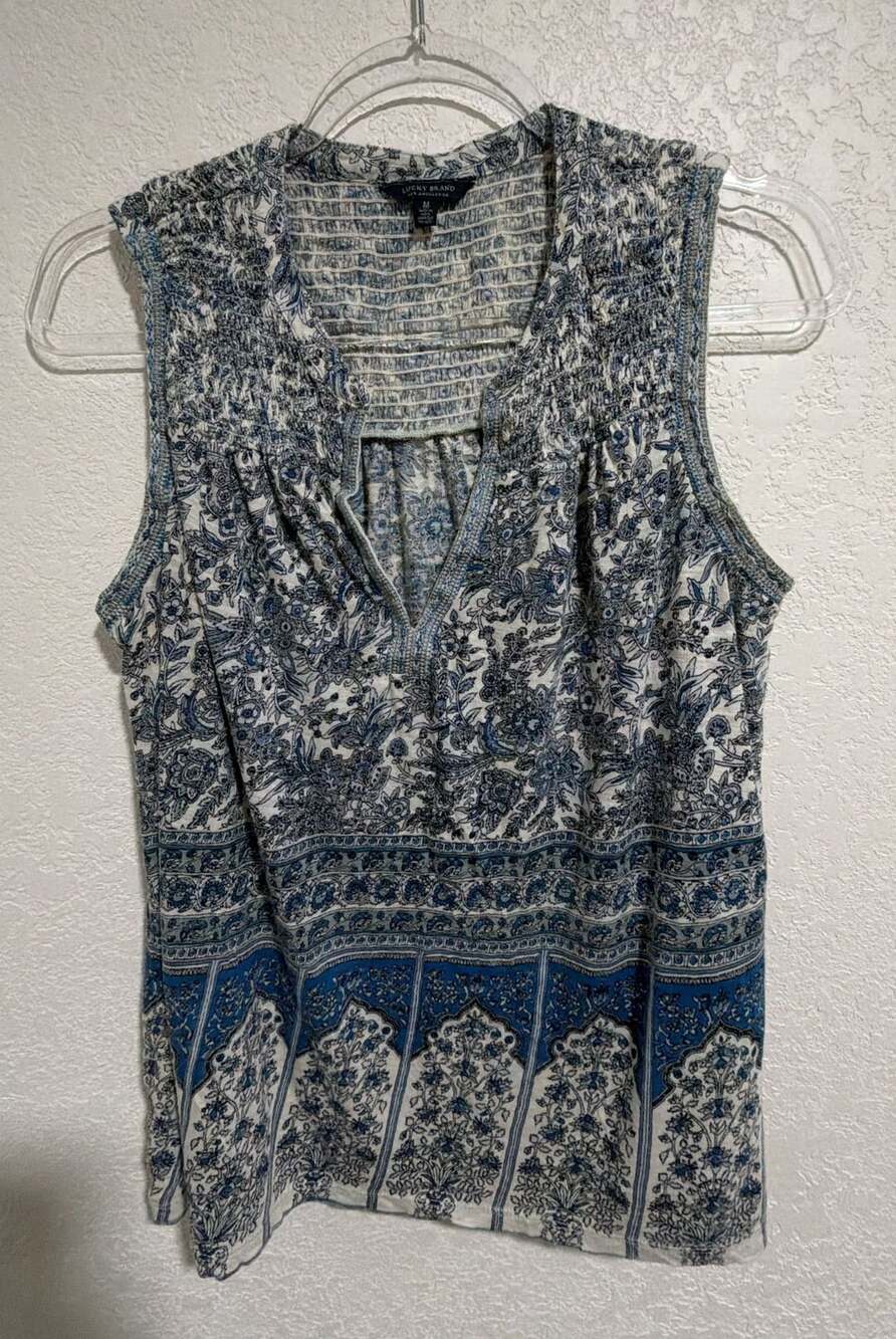 Lucky Brand Sleeveless Tank Top Size M Blue Floral Paisley Boho V-Neck